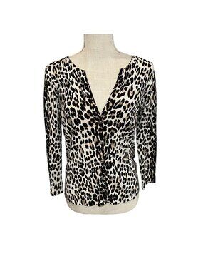 White House Black Market Leopard Print Cardigan S Button-Down V-Neck 3/4 Sleeve